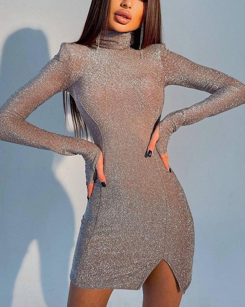 

Long Sleeve Split Hem Glitter Bodycon Dress, Champagne