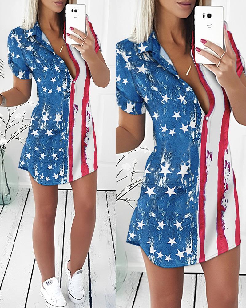 Independence Day Flag Print Buttoned Shirt Dress