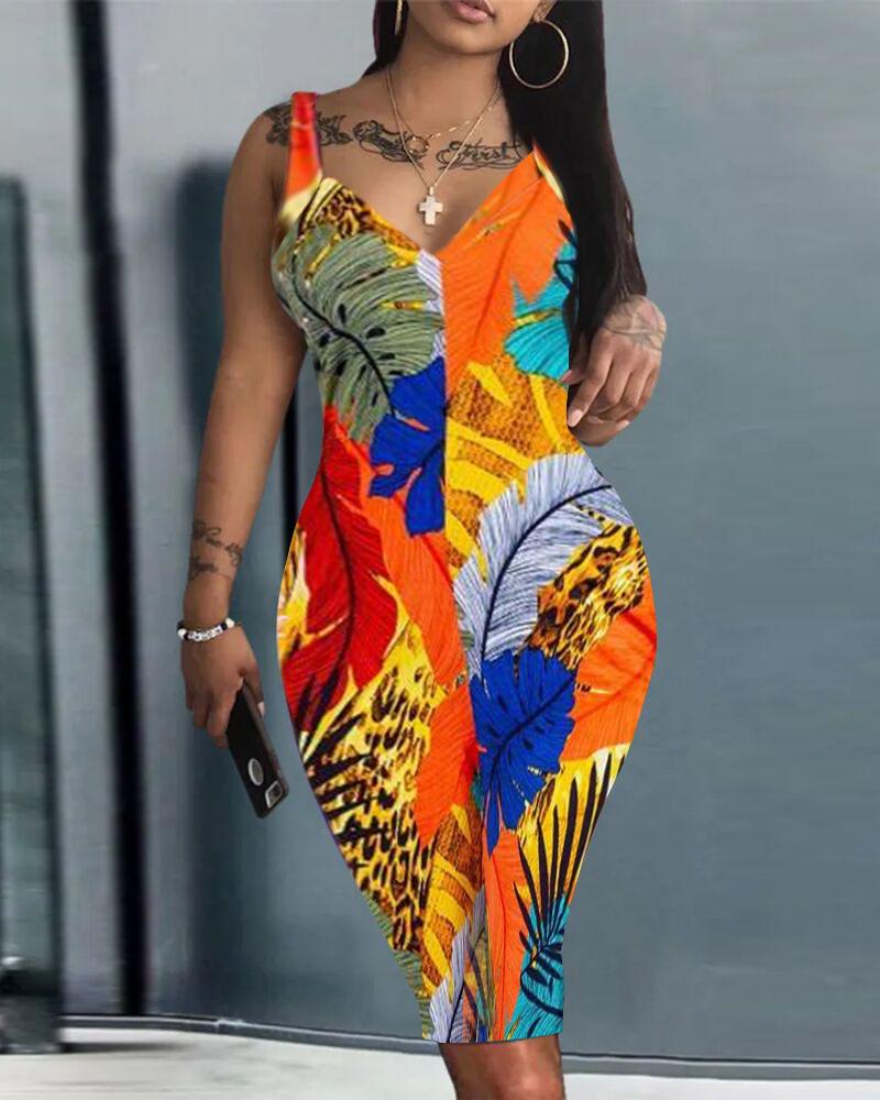 

Tropical Print Sleeveless Bodycon Dress, Multicolor
