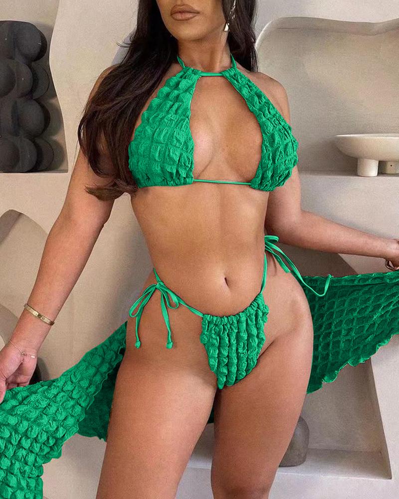 

3PCS Bubble Textured Bikini Set With Cover Up Skirt, Green