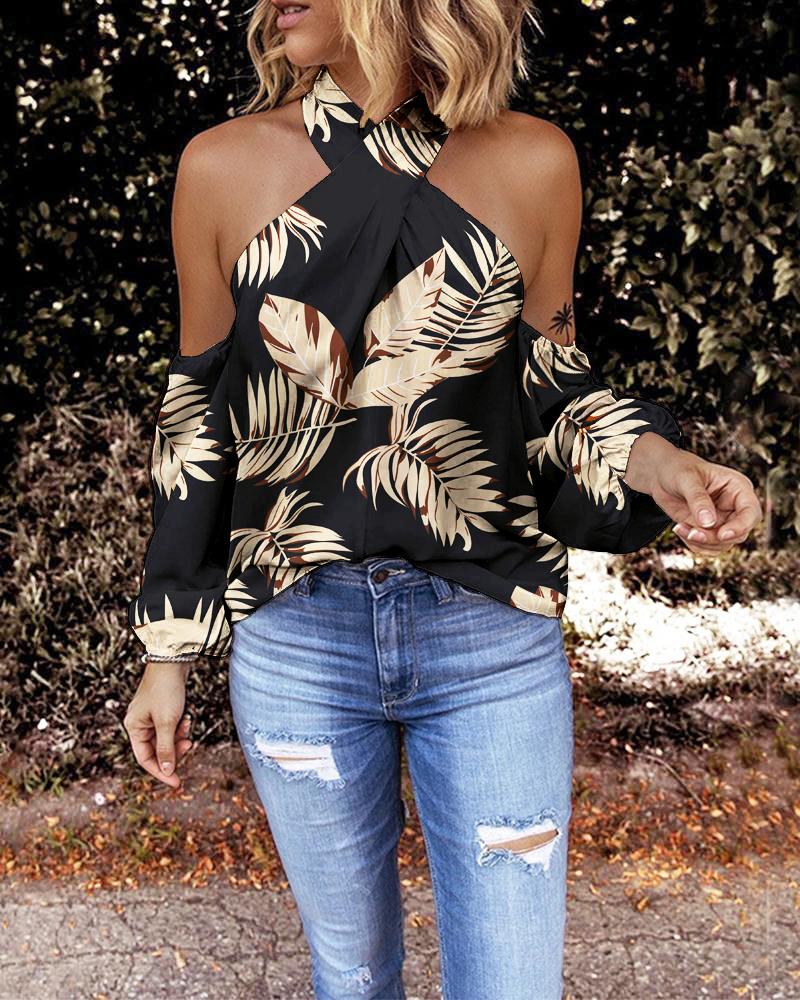 

Leaf Print Crisscross Halter Cold Shoulder Top, Black
