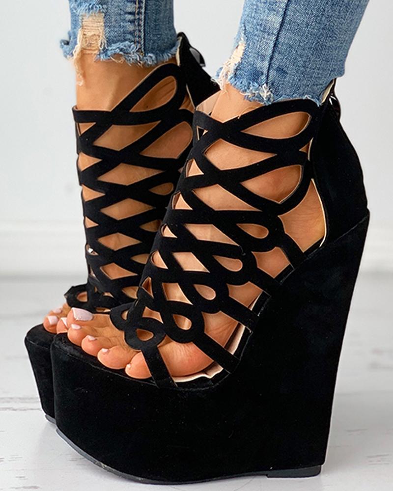 

Cutout Suede Platform Wedge Sandals, Black