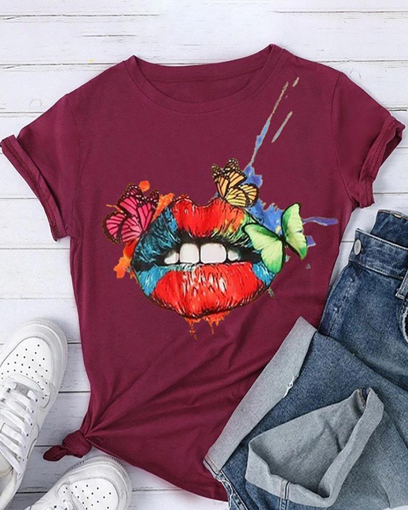 

Lip Butterfly Print Short Sleeve Casual T-shirt, Wine red