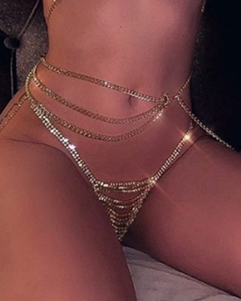 

Cutout Layered Rhinestone Decor Body Chain, Gold