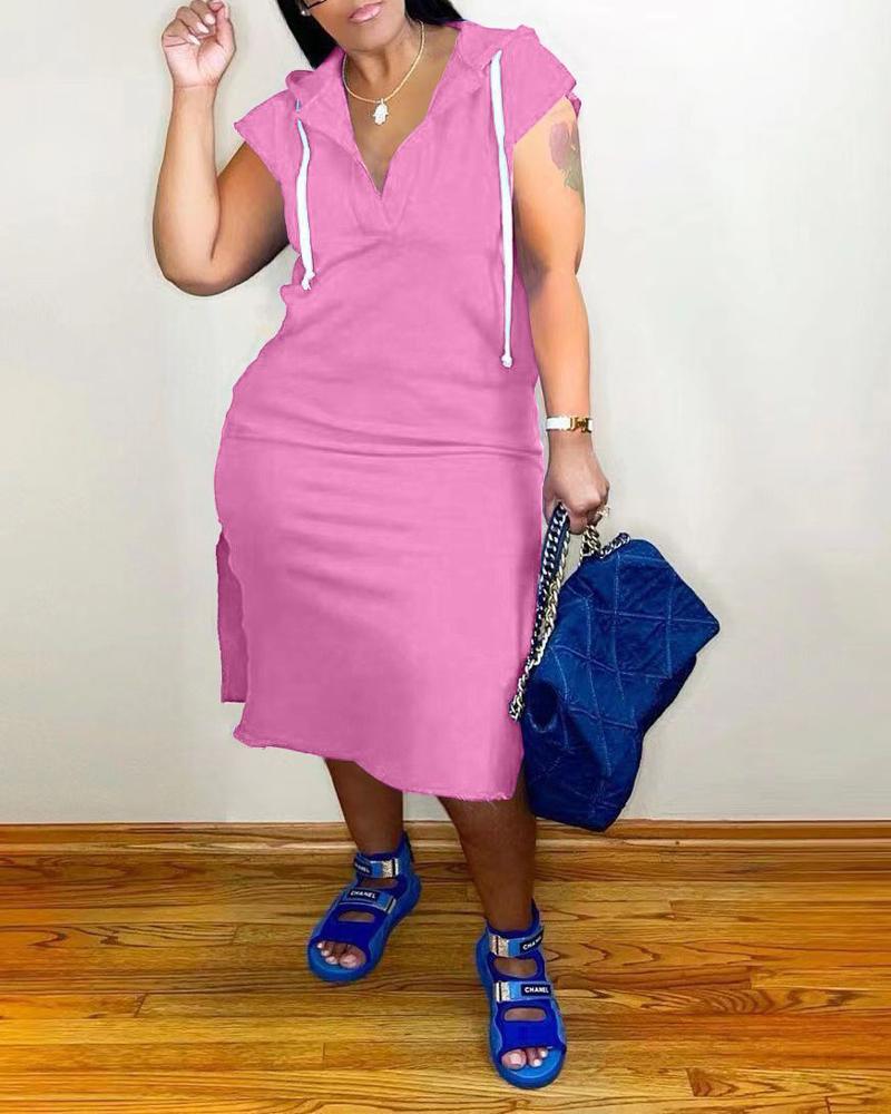 

Plus Size Split Hem Drawstring Hooded Casual Dress, Pink