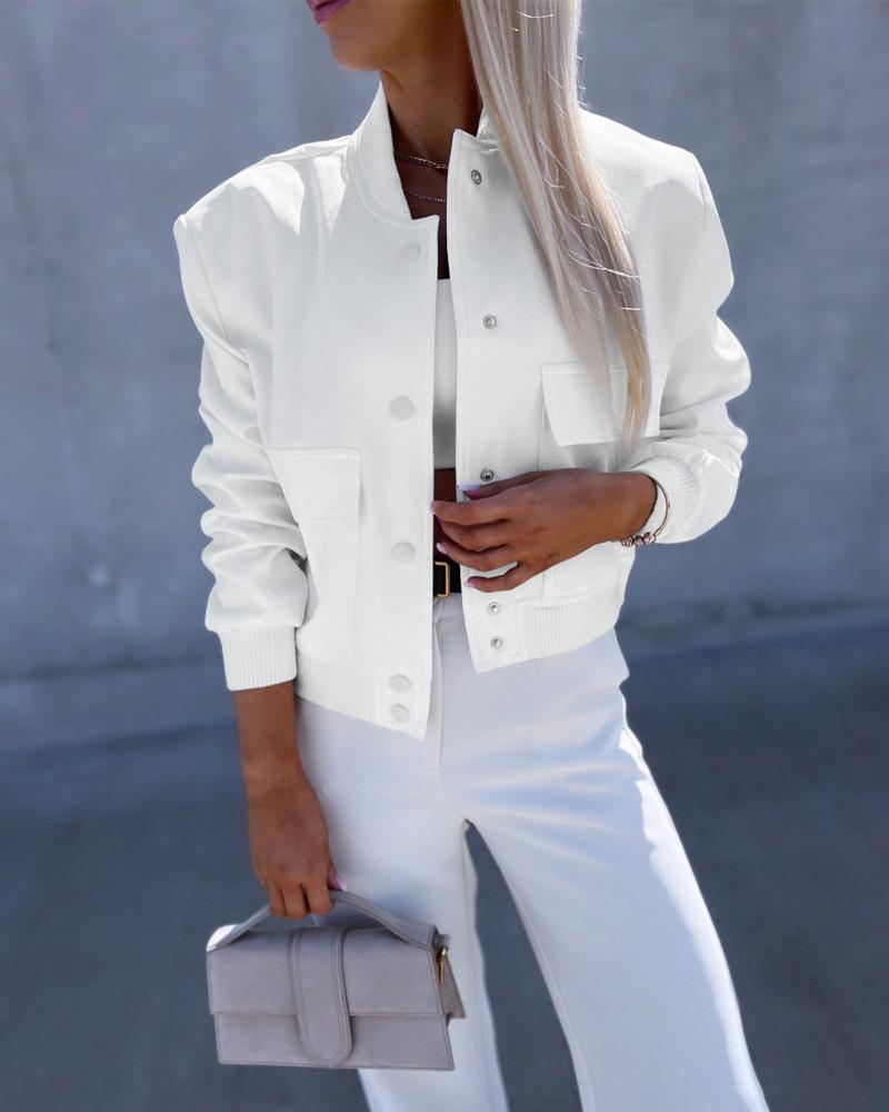 

Chaqueta bomber con cuello de béisbol y botones a presión, White