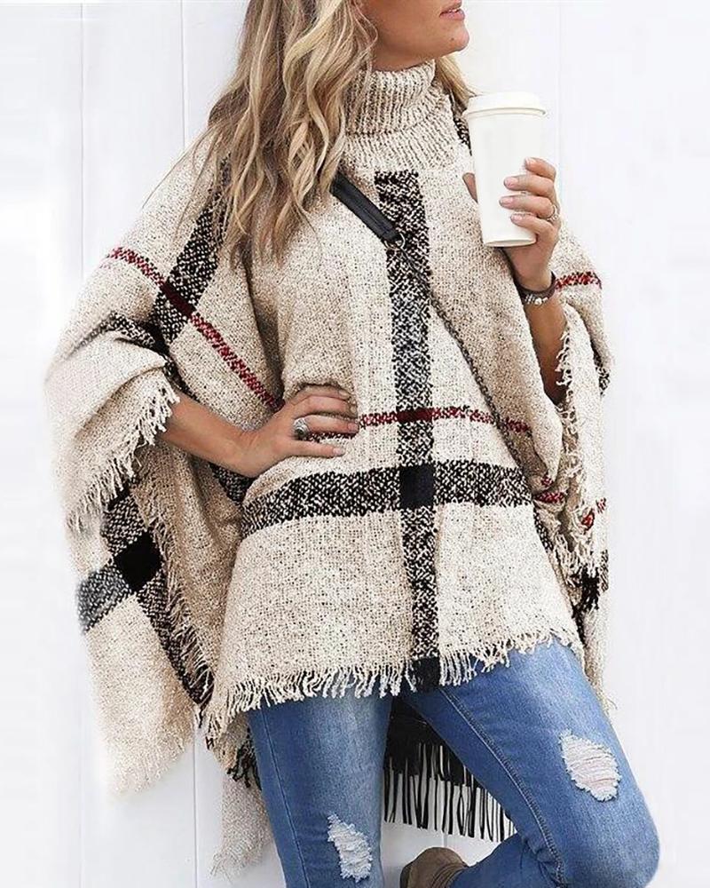 

Colorblock Tassel Design Cape Sleeve Knit Sweater, Beige