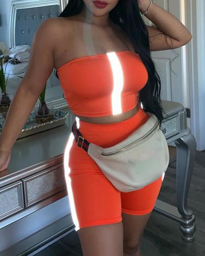 

Colorblock Skinny Sleeveless Bandeau With Shorts Suit Sets, Orange