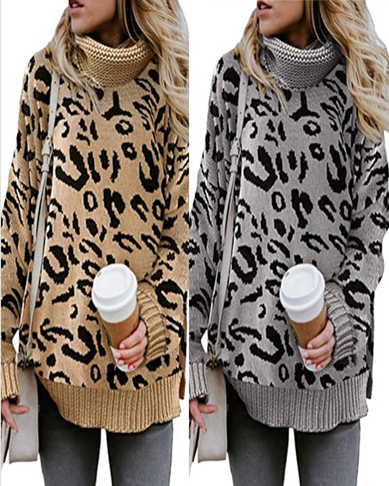 

Knit Leopard Print High Neck Long Sleeve Sweater, Khaki
