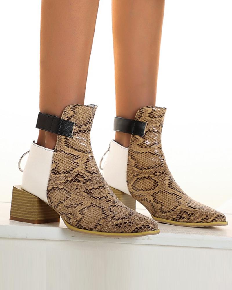 

Round-toe Snakeskin Print Hollow-out Ankle Boots, Brown