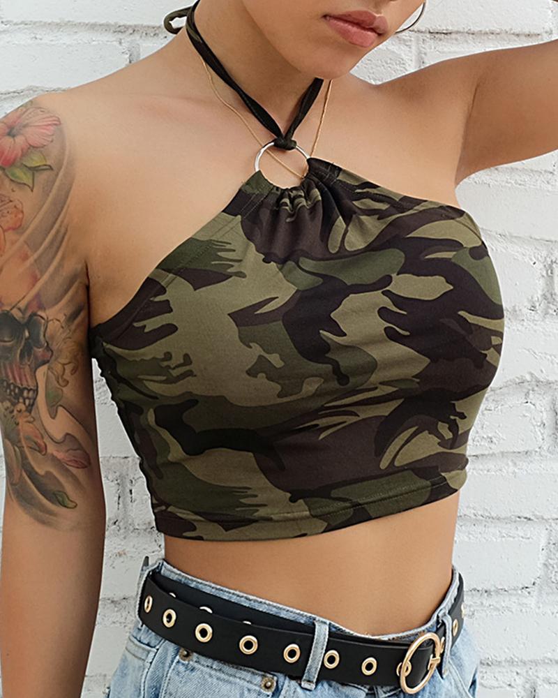 

Camouflage Print Halter Crop Top, Army green