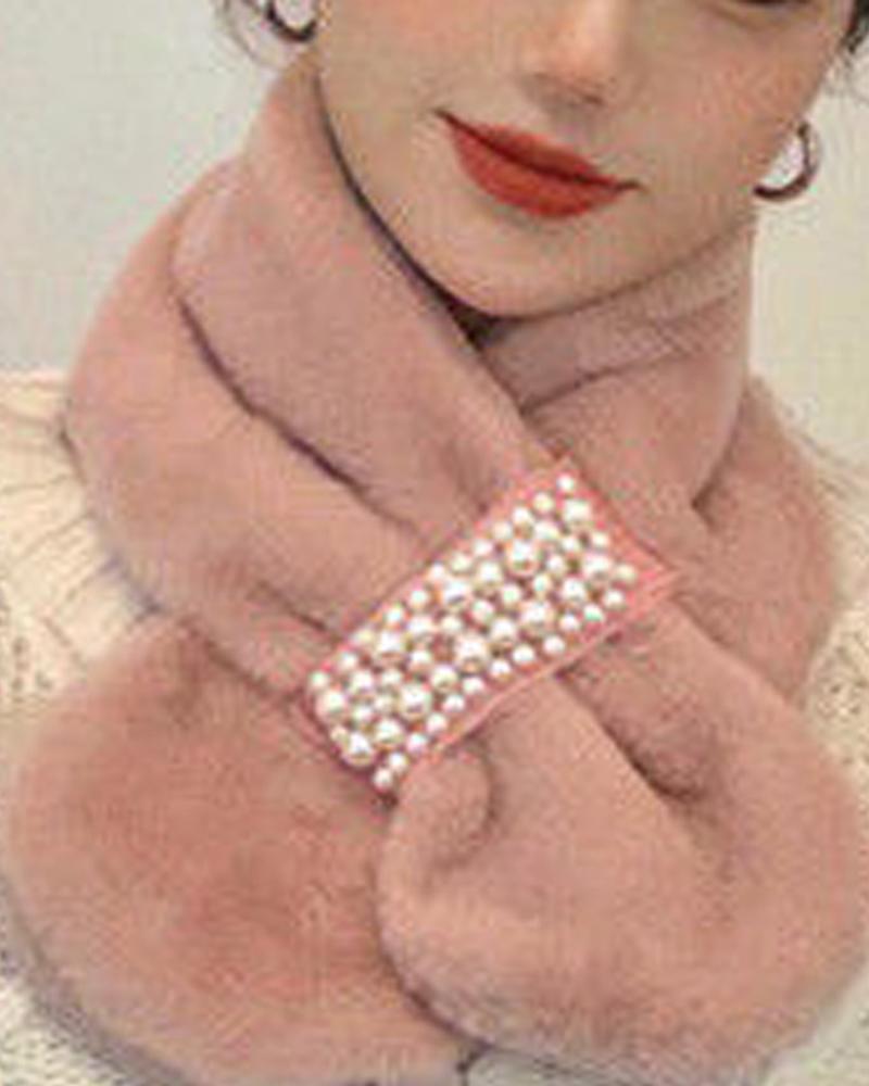 

1pc Pearls Decor Fuzzy Scarf, Pink