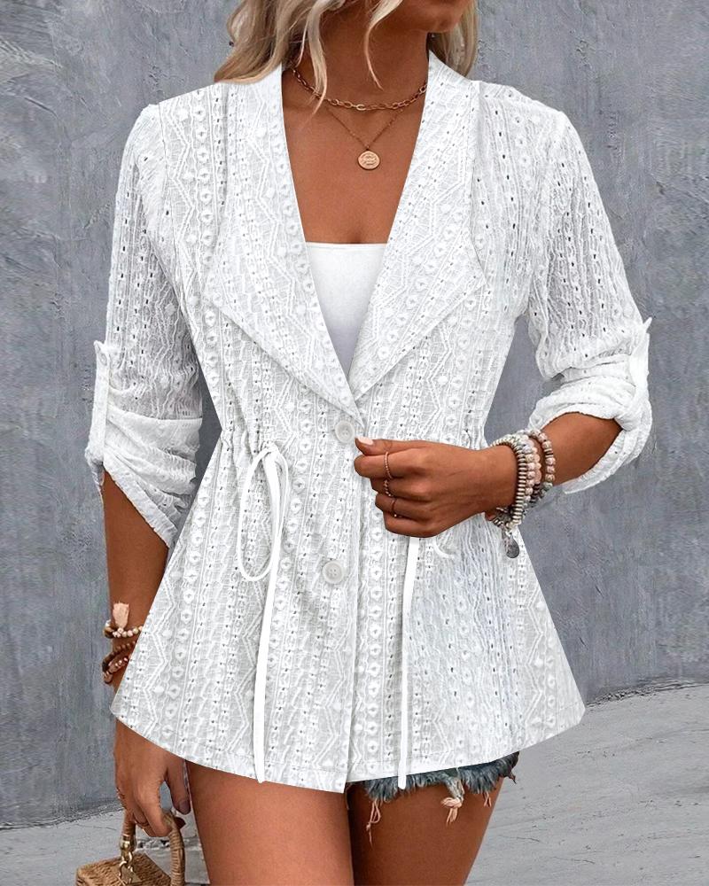

Roll Up Sleeve Drawstring Eyelet Embroidery Coat, White