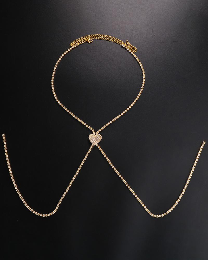 

1pc Full Rhinestone Heart Pattern Tassel Chain Necklace, Gold