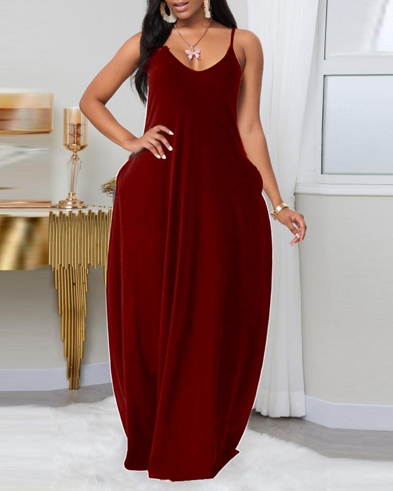 

Solid Spaghetti Strap Pocket Design Maxi Dress, Wine red