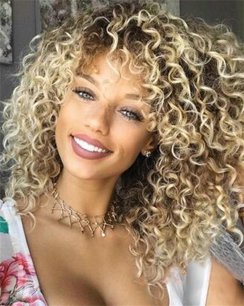 

Short Afro Curly Wigs African American Women Kinky Curly Hair Wig Bouncy Fluffy Loose Wavy Synthetic Wigs, Gold