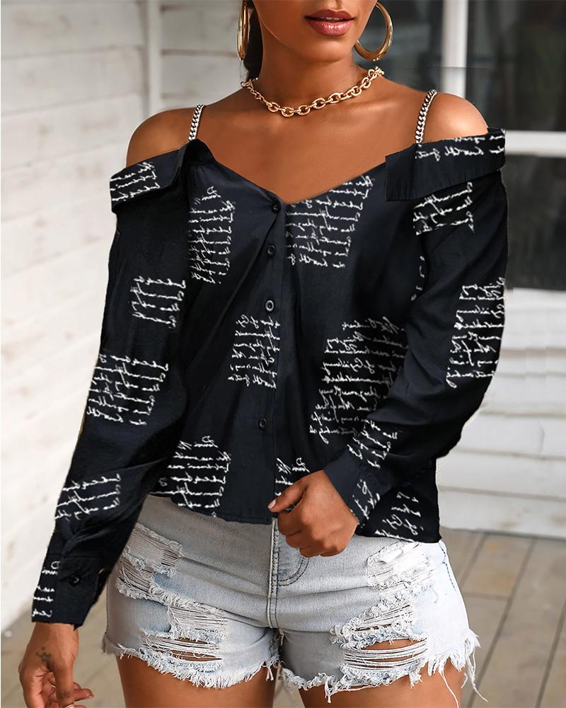 

Letter Print Chain Strap Button Design Shirt, Black