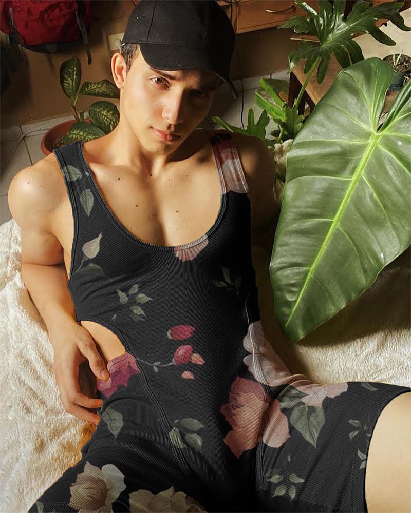 

Vintage Flower Printing Sleeveless Skinny Romper, Black