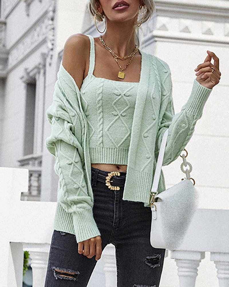 

Braided Knit Cami Top & Cardigan Sets, Green