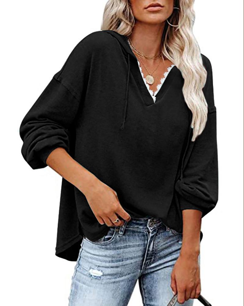 

Long Sleeve Lace Trim Hooded Sweatshirt, Black
