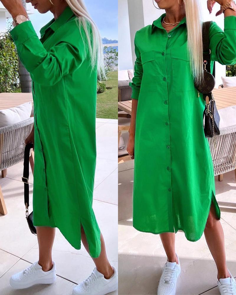 

Buttoned Pocket Design Slit Shirt Dress, Green