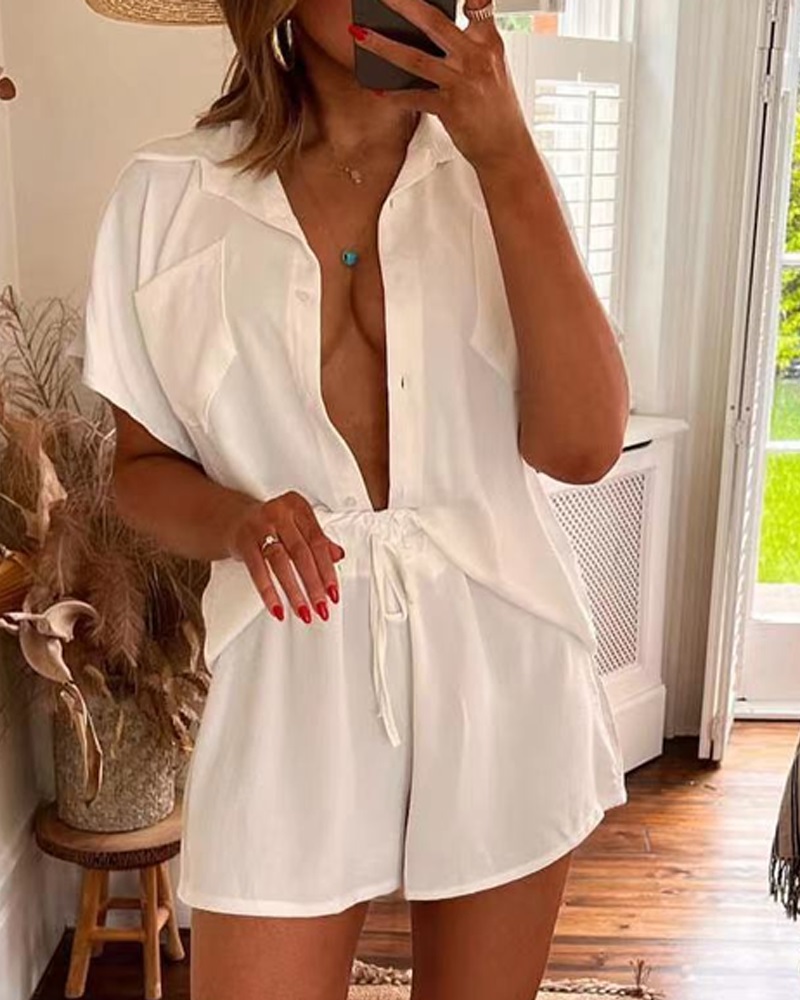 

Buttoned Short Sleeve Shirt & Drawstring Shorts, White