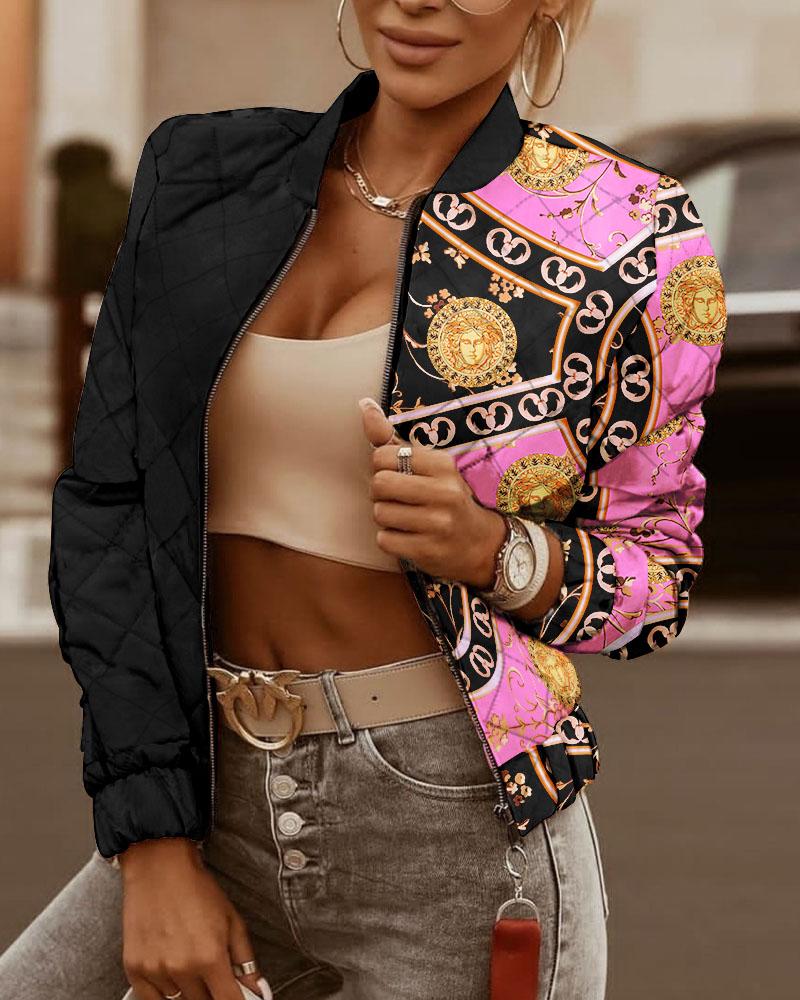 

Baroque Print Long Sleeve Zipper Up Puffer Jacket, Pink