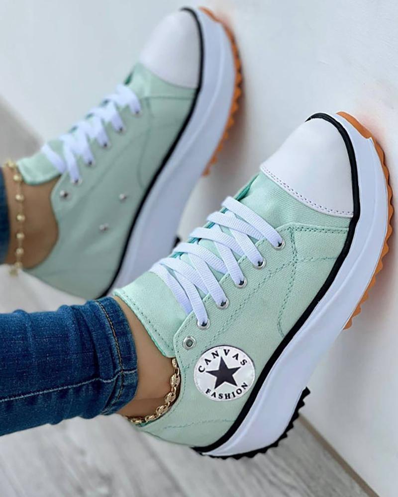 

Eyelet Lace-up Flatform Canvas Shoes, Light green