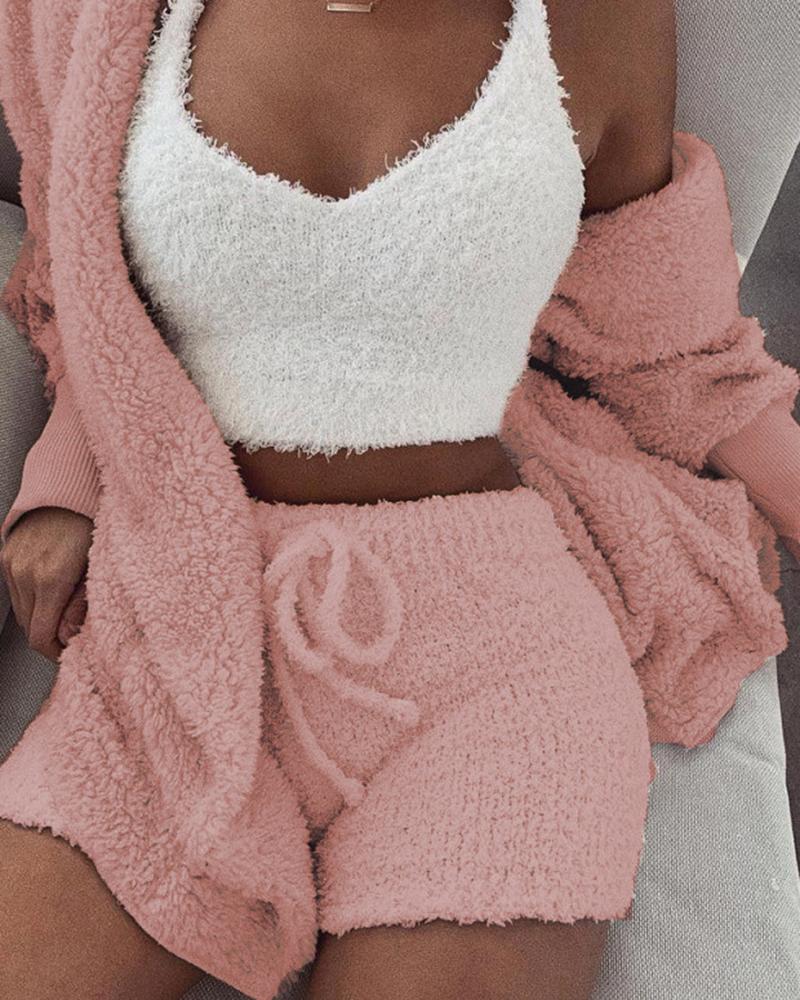 

Fluffy Hooded Open Front Teddy Coat & Short Sets, Pink