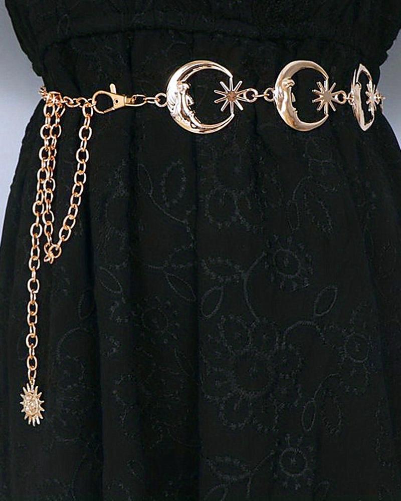 

1pc Moon Star Hollow Tassel Waist Chain Fashionable Body Belt, Gold