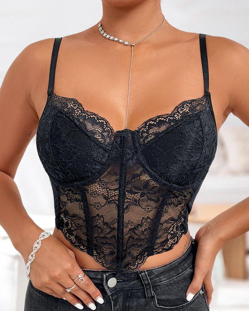 

Crochet Lace Push Up Hanky Hem Corset Top, Black