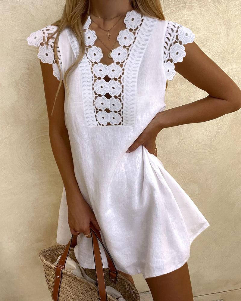

Contrast Lace Cap Sleeve V-Neck Casual Dress, White
