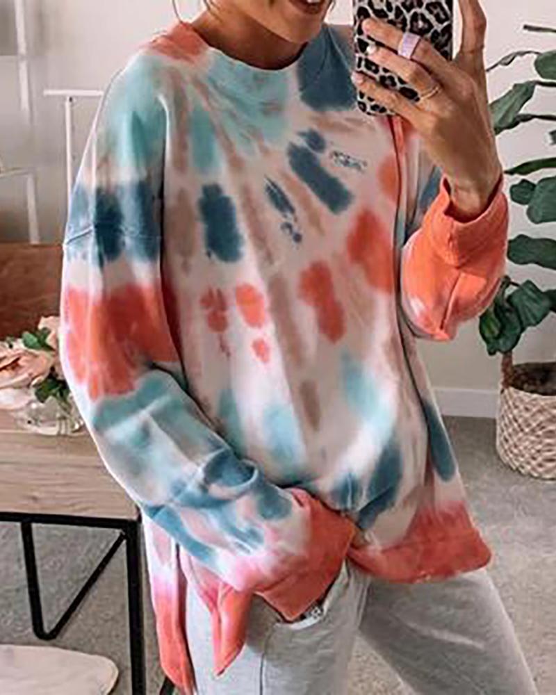 

Tie Dye Print Colorblock Casual Sweatshirt, Orange