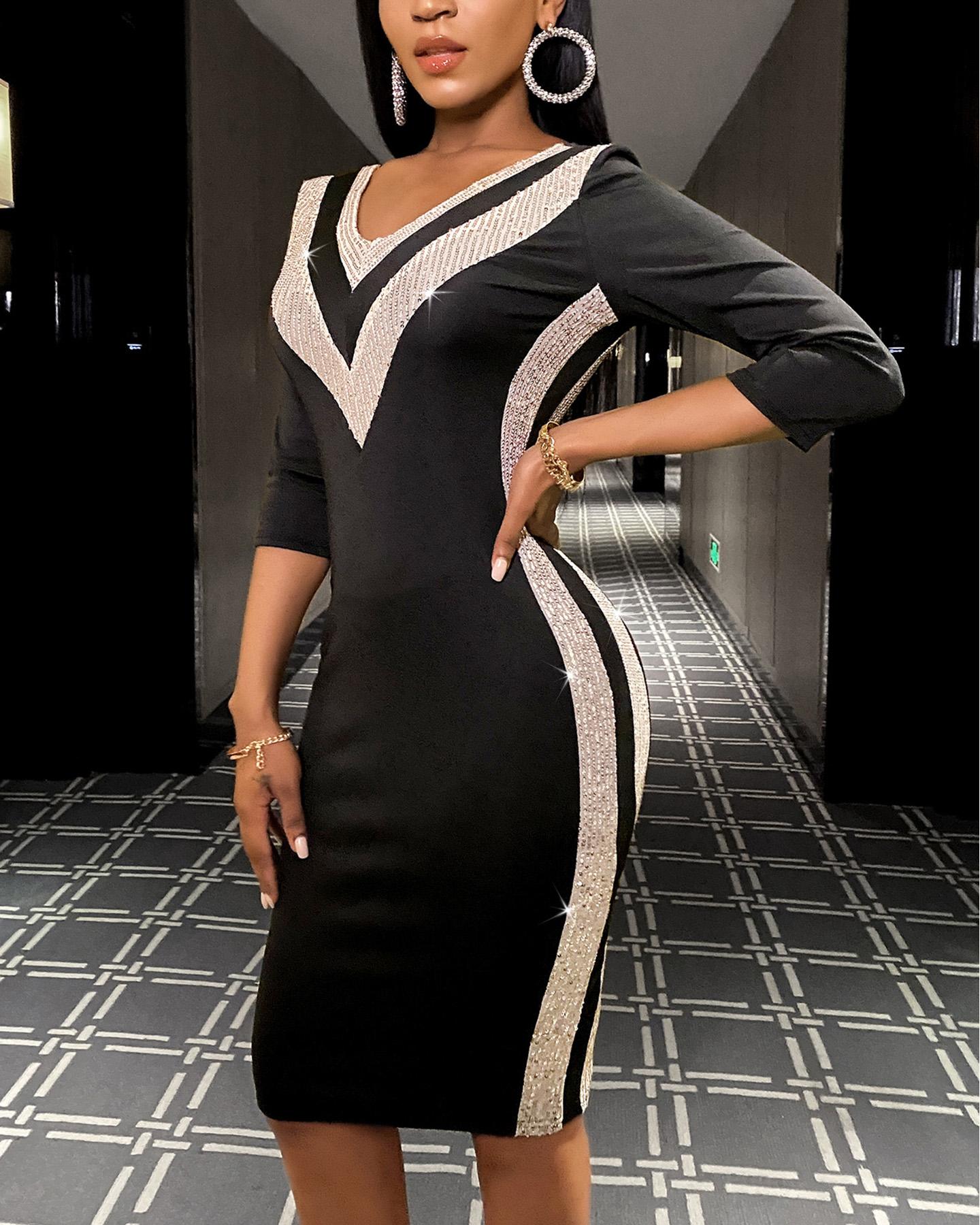 

Contrast Sequin V-Neck Bodycon Dress, Black
