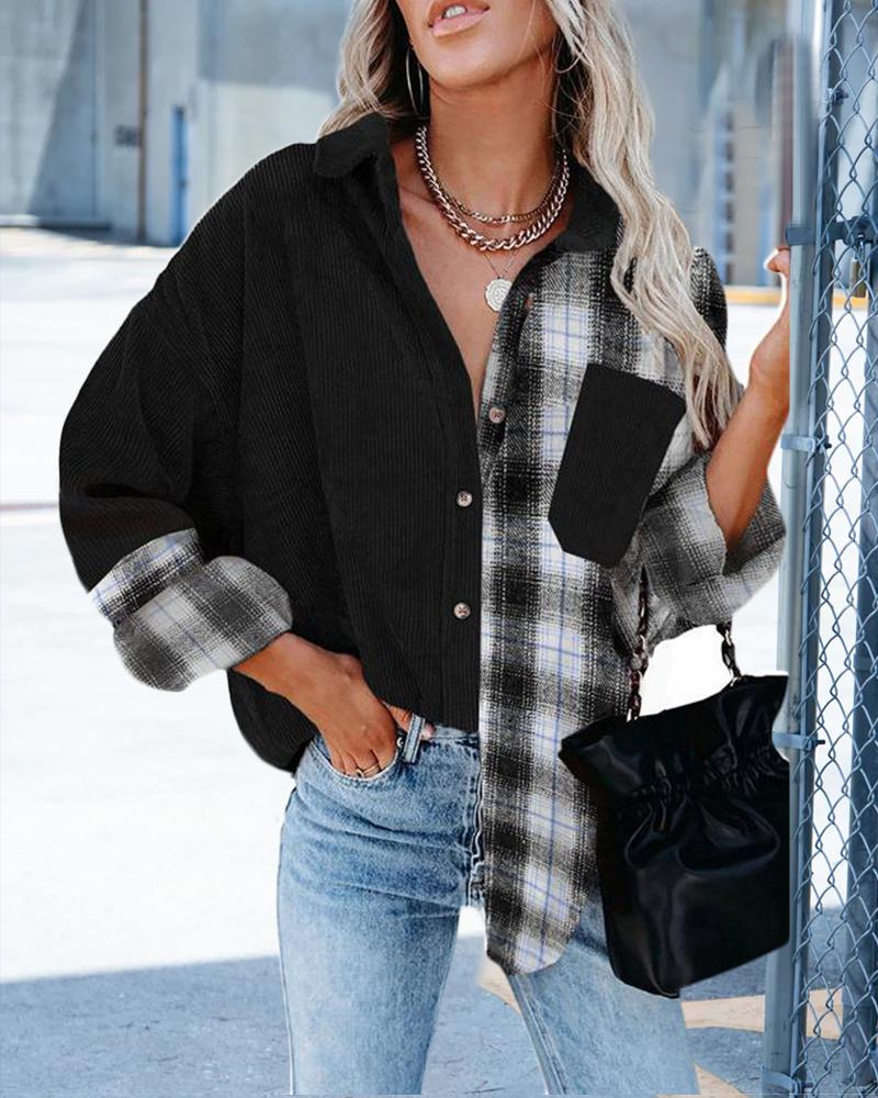 

Plus Size Plaid Print Long Sleeve Shacket, Black