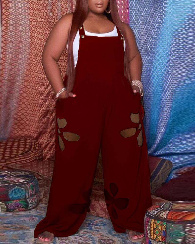 

Plus Size Cutout Wide Leg Suspender Jumpsuit, Wine red