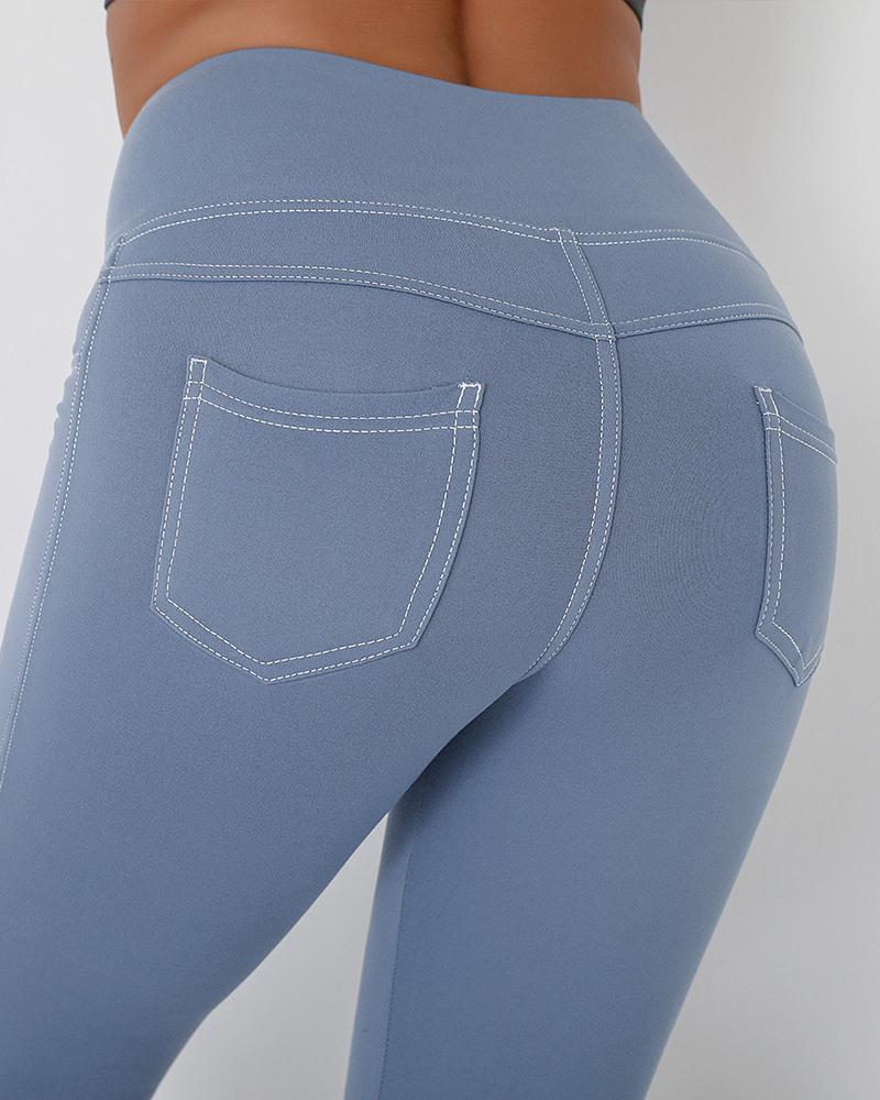 

Pocket Design High Waist Seamless Leggings Butt Lift Stretchy Yoga Pants, Lighted blue
