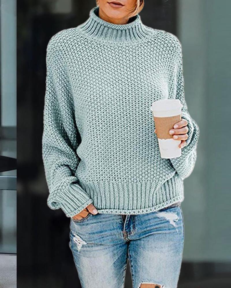 

Lantern Sleeve High Neck Casual Sweater, Blue