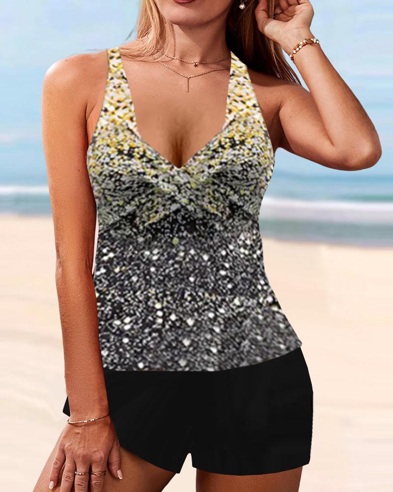 

Print V-Neck Pocket Design Tankini Set, Gold