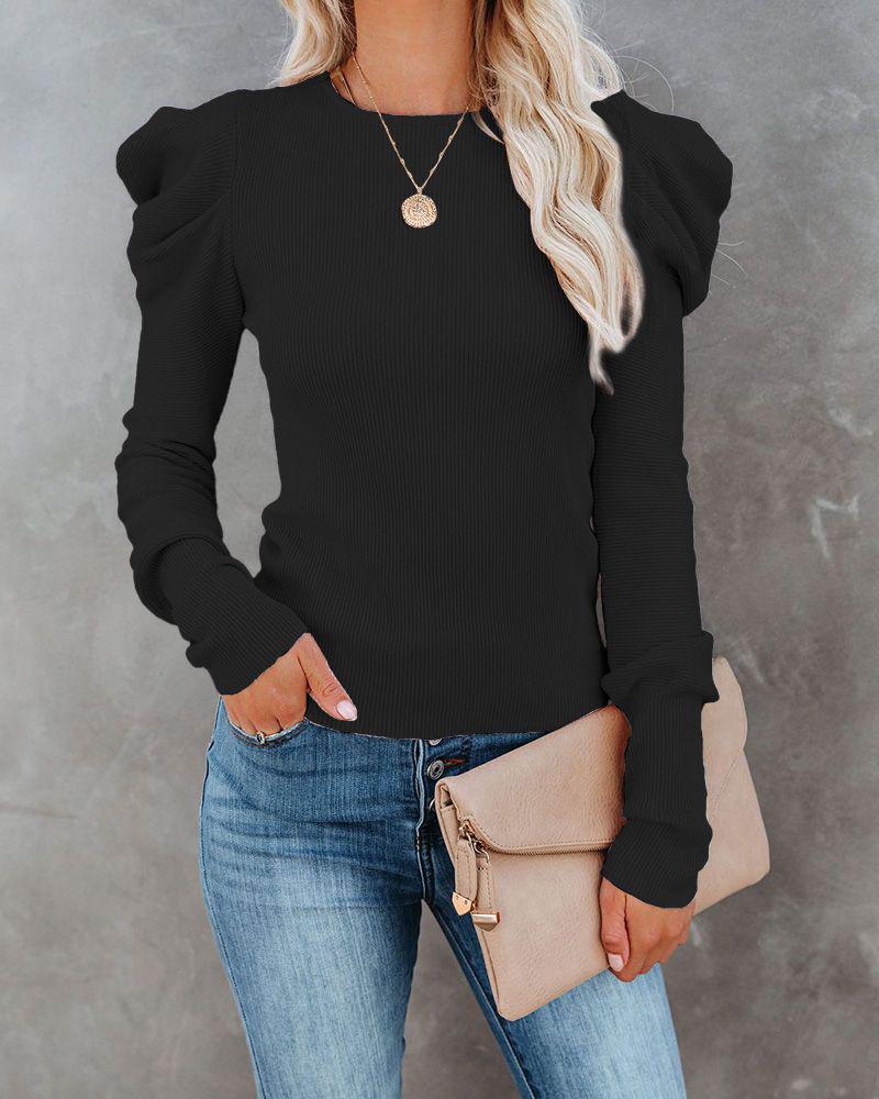 

Solid Bubble Sleeve Fitting Blouse, Black