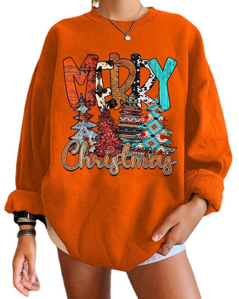 

Christmas Tree Letter Print Long Sleeve Sweatshirt, Orange