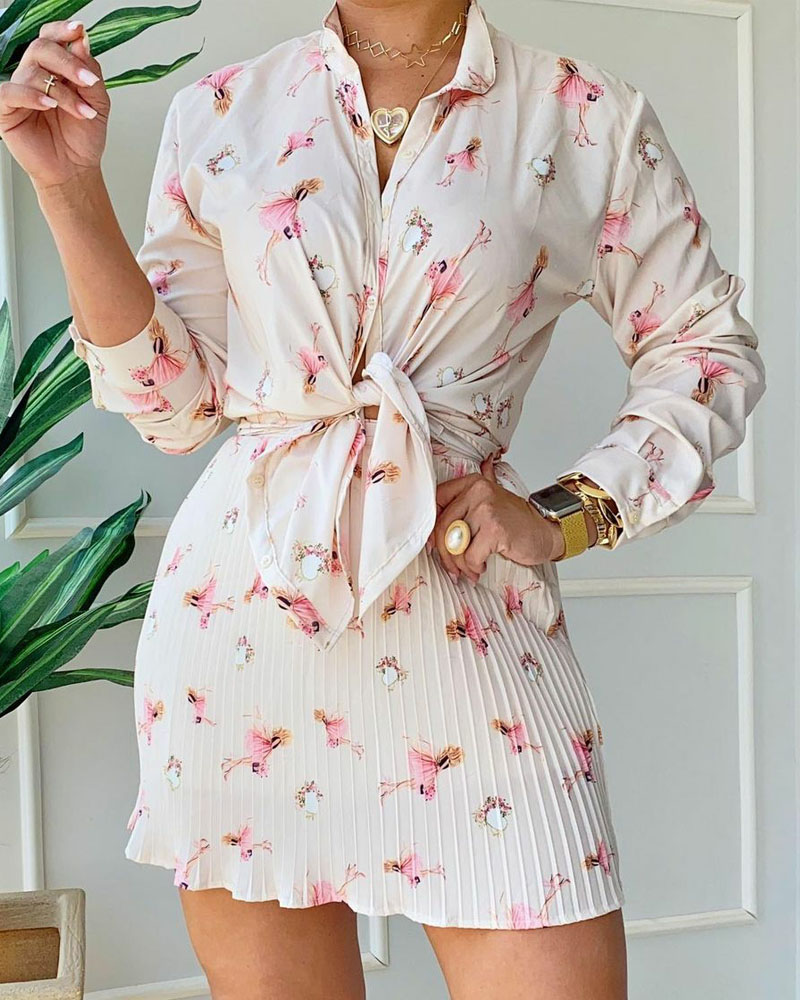 

Floral Print Long Sleeve Buttoned Shirt & Pleated Skirt Set, Beige