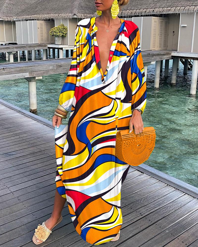 

Abstract Print Long Sleeve Shirt Dress, Multicolor