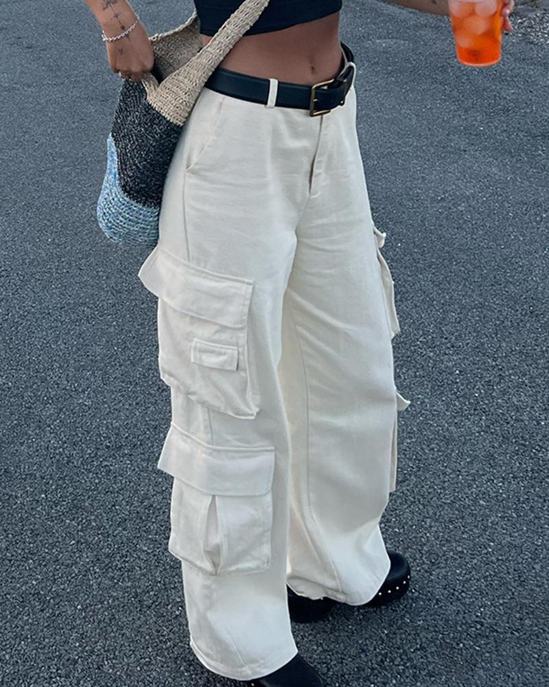 

Pocket Detail Straight Leg Cargo Jeans, White