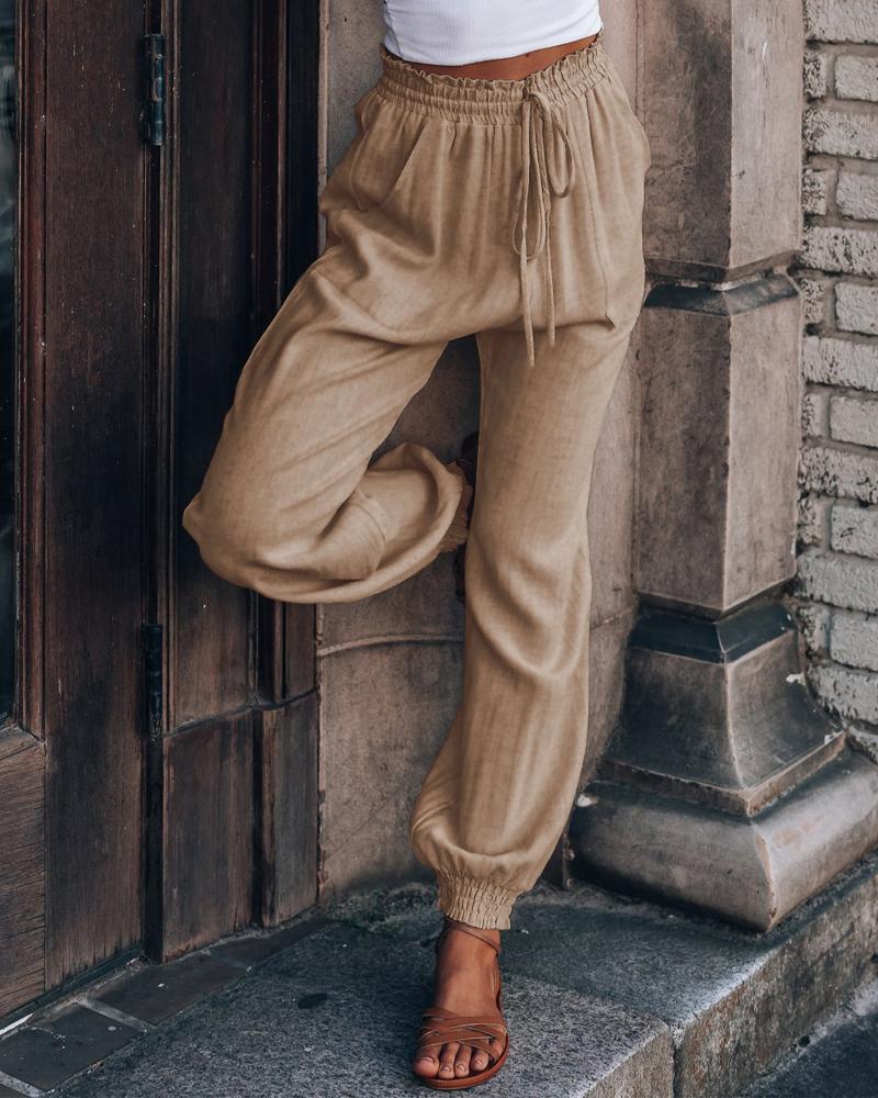 

Pocket Detail Drawstring Casual Cuffed Pants, Khaki