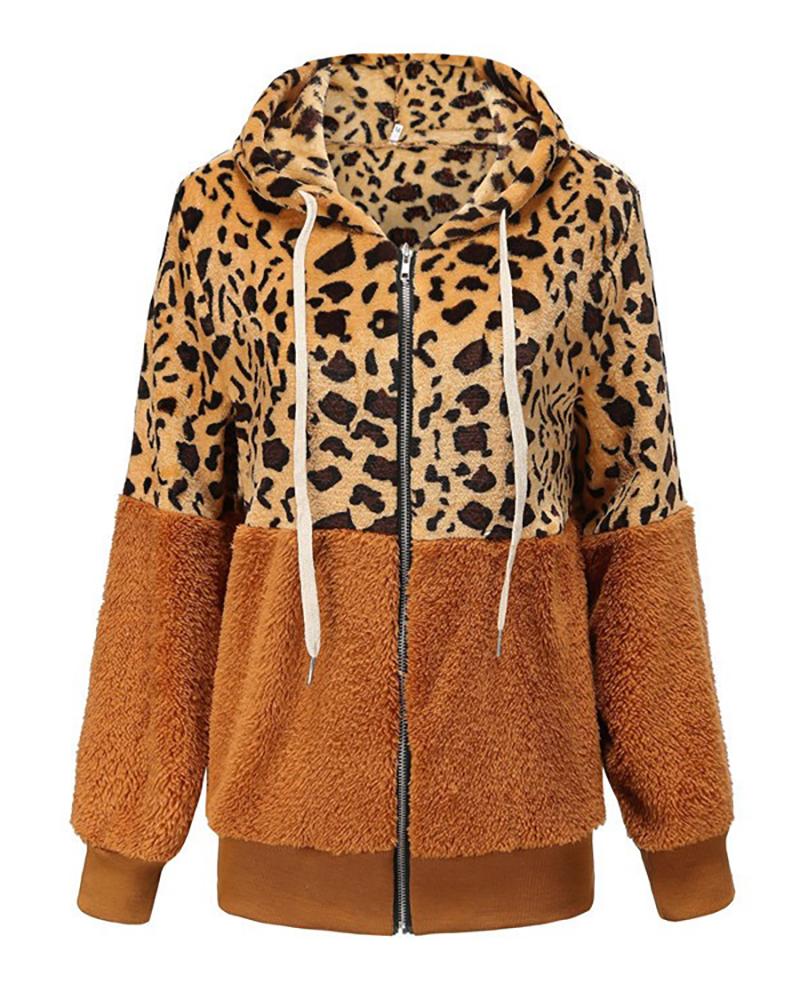 

Cheetah Print Colorblock Zip Front Hooded Teddy Coat, Brown