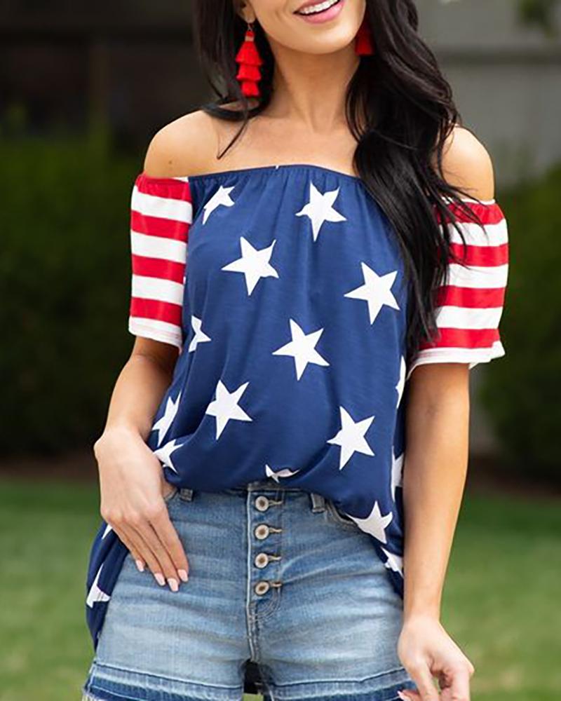 

Independent Day Graphic Print Off Shoulder T-Shirt, Blue