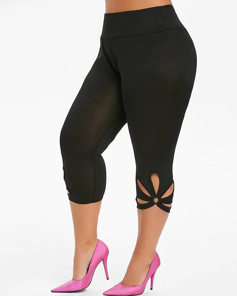 

Plus Size Hollow Out Casual Capris Pants, Black