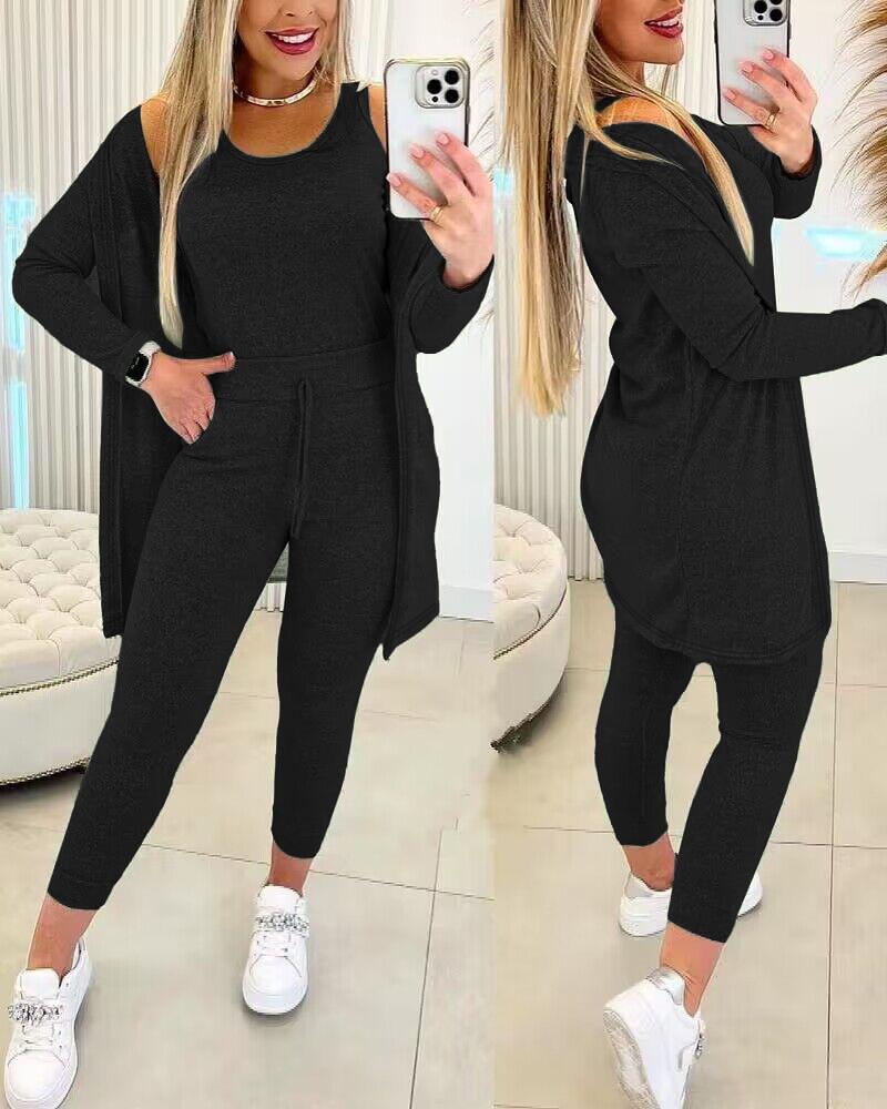

Round Neck Tank Top & Drawstring Pants Set With Coat, Black