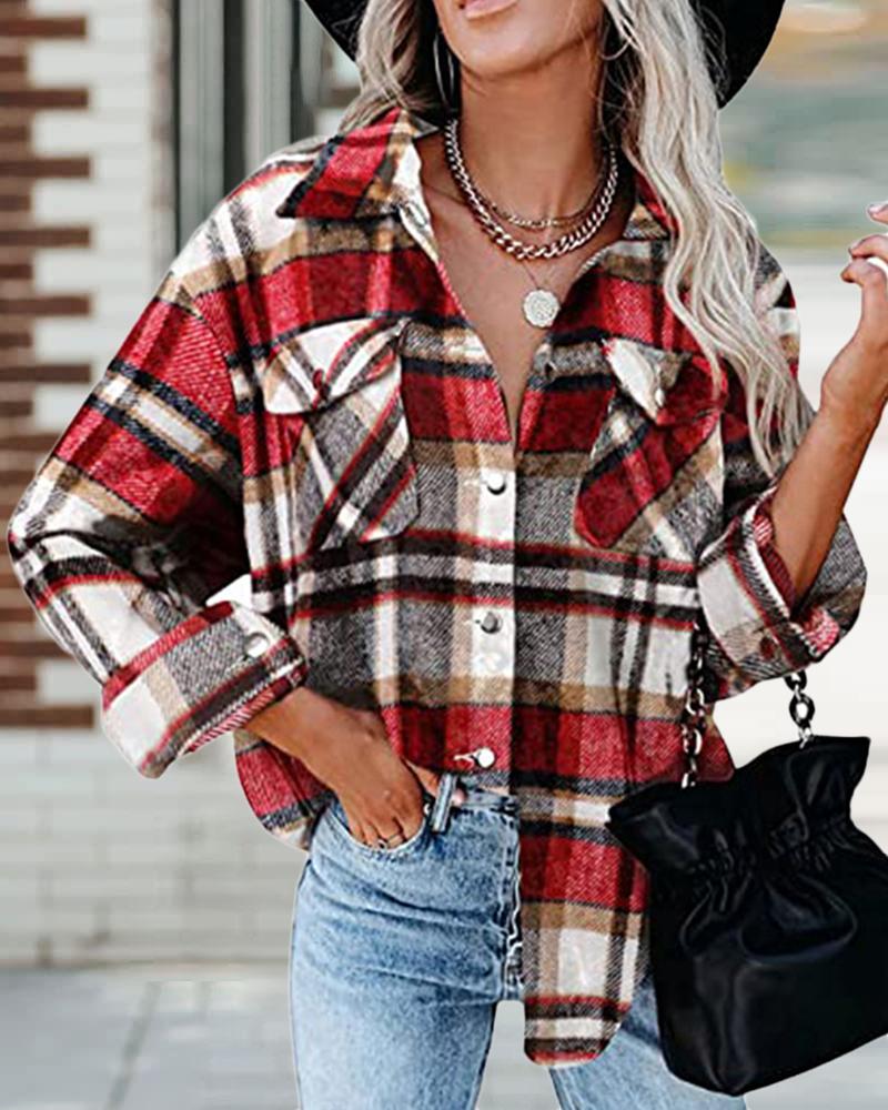 

Plaid Print Long Sleeve Button Down Shacket, Red